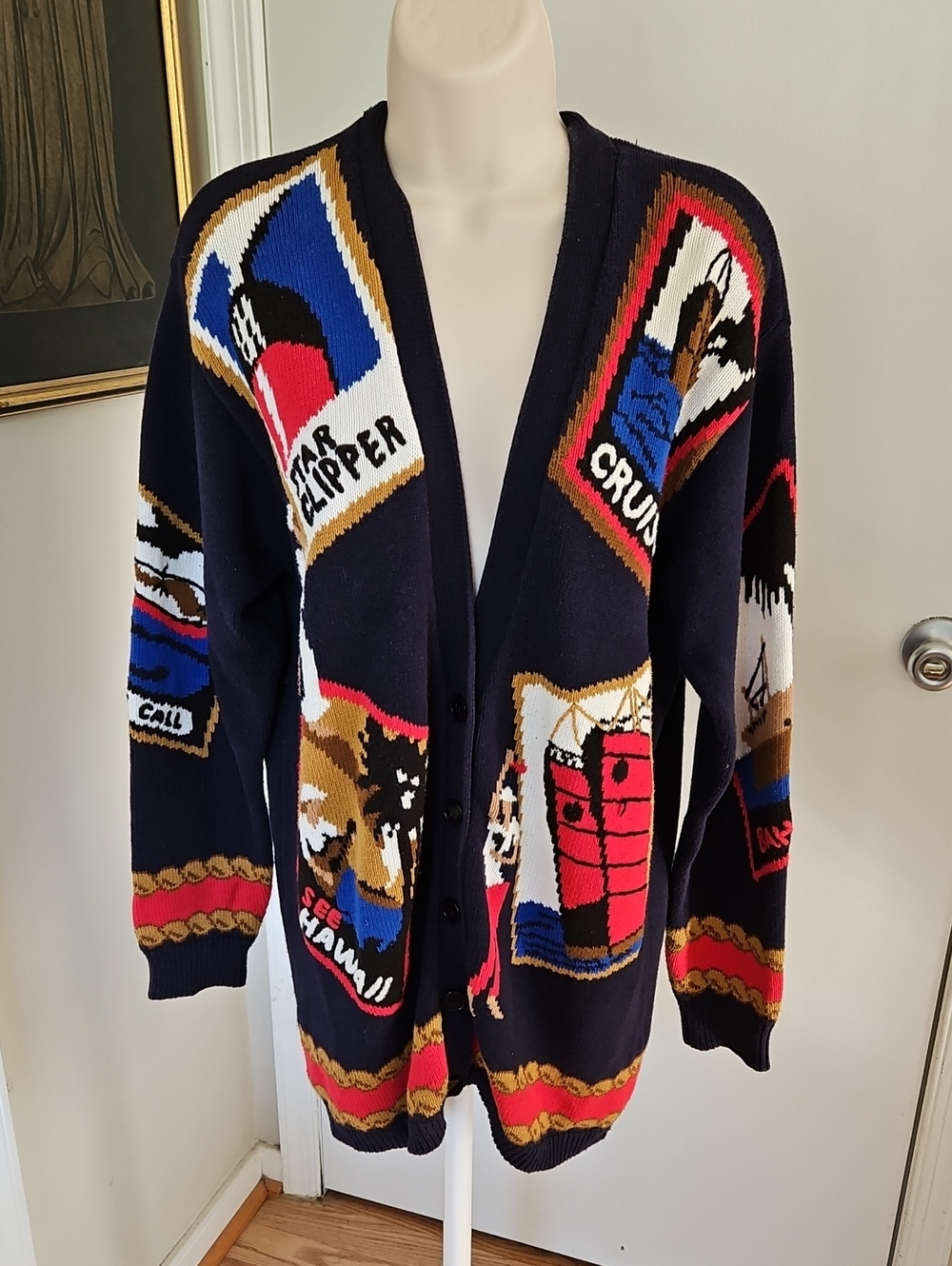 Vintage 90's JH Collectibles Nautical, Cruise, Travel Cardigan Size S Oversized